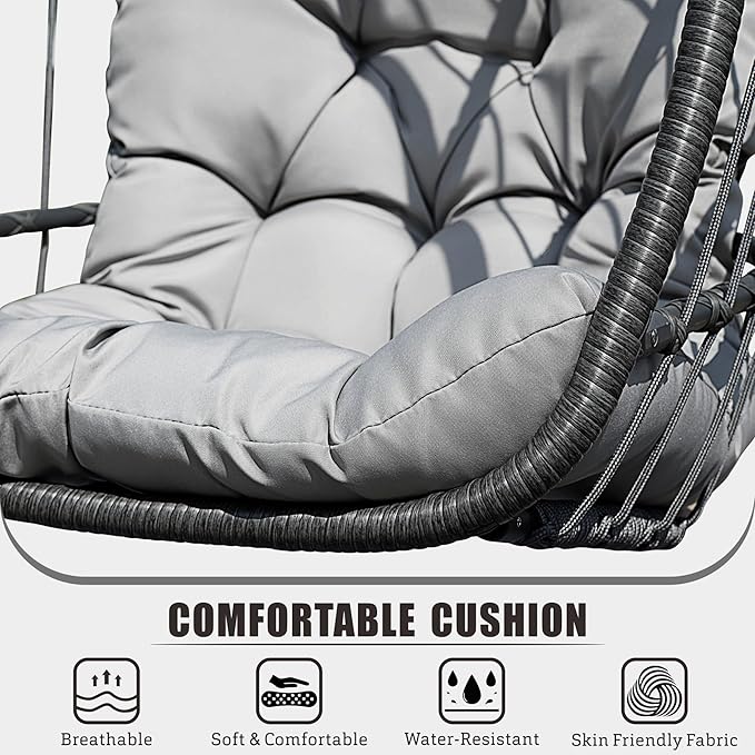 HWB Hanging Egg Chair with Stand Patio Wicker Egg Swing Chair with Cushion for Bedroom Garden Indoor Outdoor (Grey)