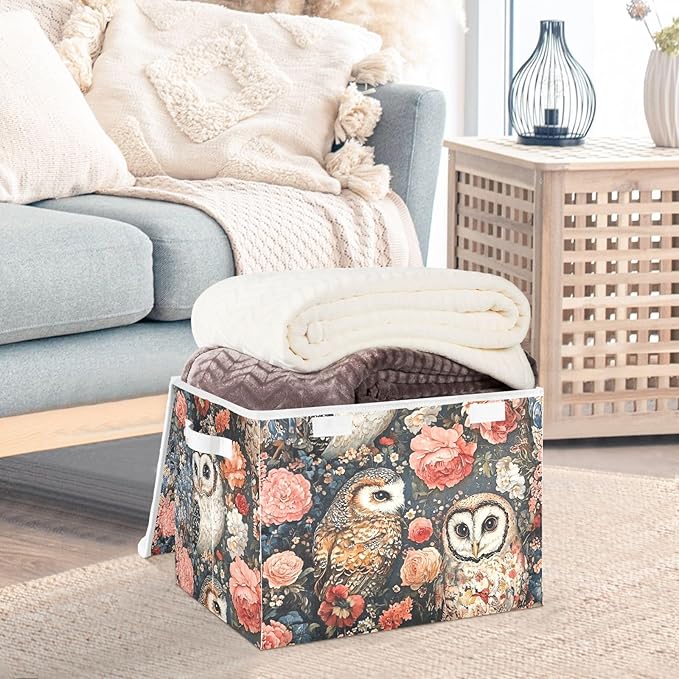 Storage Cube with Lid Art Owls Print 16.5×12.6×11.8 IN 1 Pack Collapsible Large Capacity Foldable Storage Basket Bin Organizer