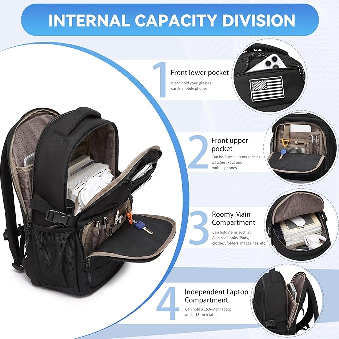 Wotony Military tactical backpack Laser-Cut MOLLE Webbing backpack for men black small tactical assault bag (Black 20 inch)