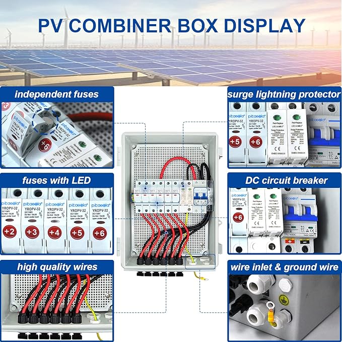Pikasola PV Combiner Box 6 String Solar Combiner Box with 15A LED Fuse Lightning Arreste and 63A Air Circuit BreakerCombiner Box for Solar Panel On/Off Grid System IP65 Water Resistant
