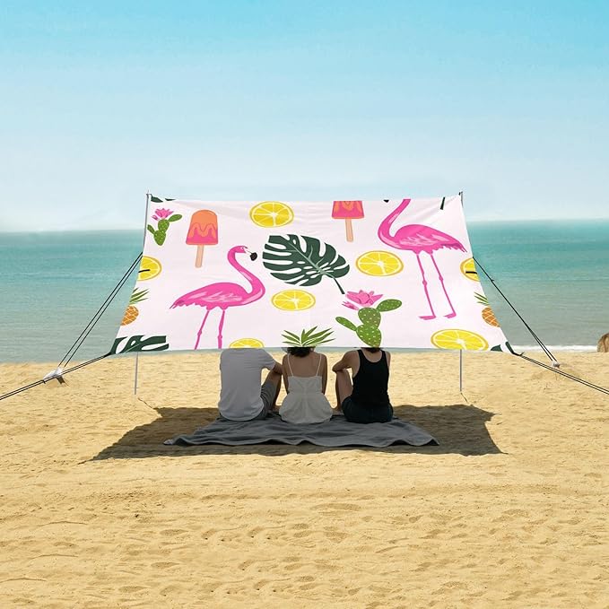 xigua Flamingos Beach Tent Sun Shelter with Carrying Bag - Silver Coated Oxford Fabric Beach Canopy for Beach Camping Fishing - Includes Windproof Ropes Sandbags &amp Stakes