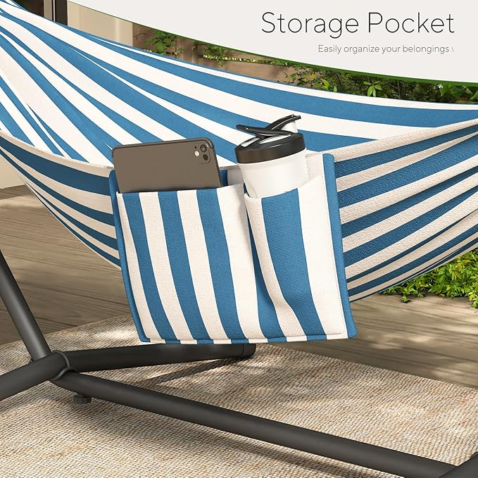 600lbs Hammock with Stand for Outside 2 Person Portable Hammock with Side Storage Carrying Bag Expend Wooden Bar for Outdoor or Indoor (Blue White)