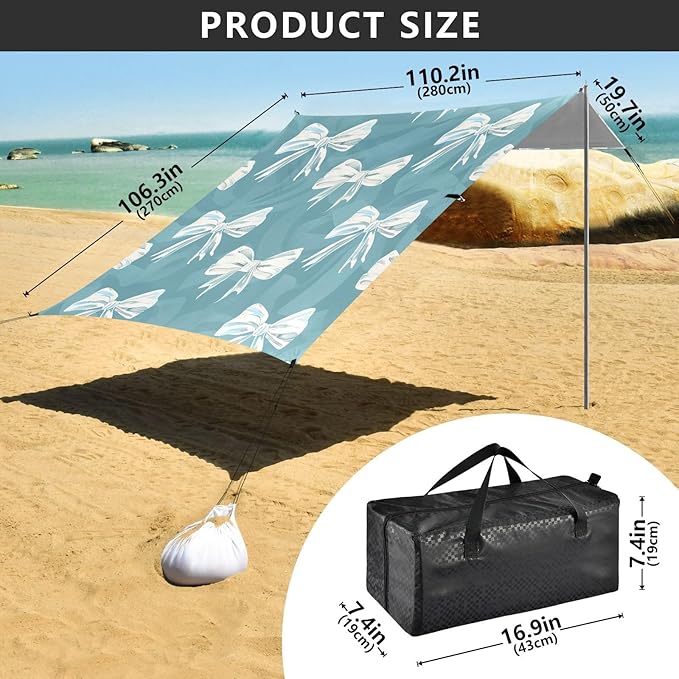 ALAZA White Bow Green Background Pattern Beach Tent Sun Shelter Portable Canopy Sunshade for Outdoor Camping Picnics Backyard Fun 10x9 ft