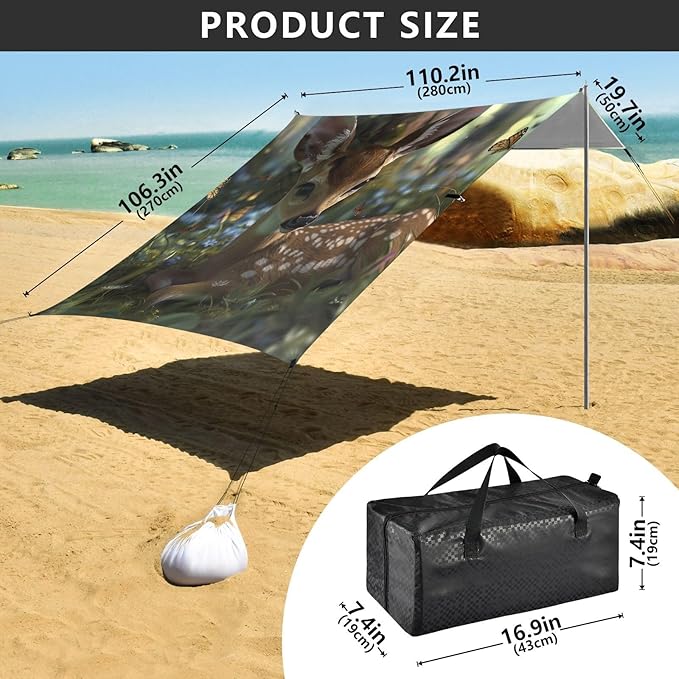 ALAZA Deer Fawn Forest Butterflies Beach Tent Sun Shelter Portable Canopy Sunshade for Outdoor Camping Picnics Backyard Fun 10x9 ft