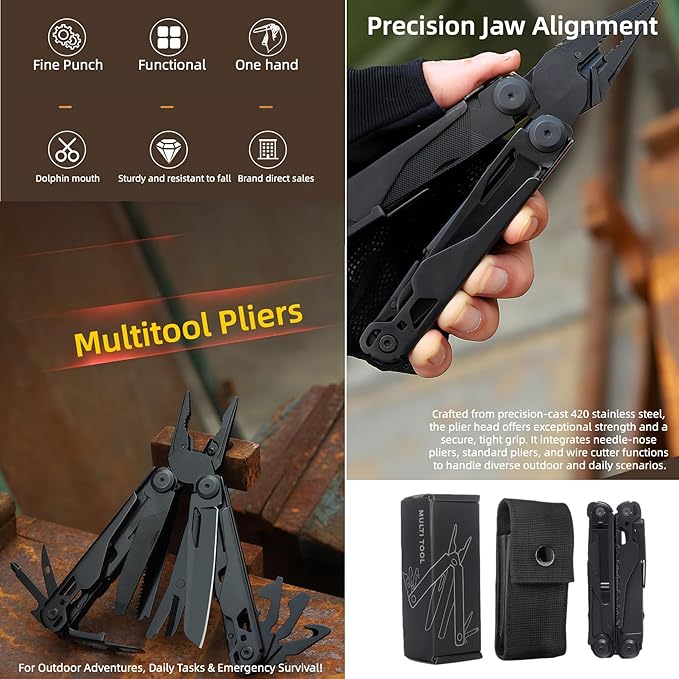 Multi Tool 19-in-1 Full-Size Lightweight EDC Multi-Purpose Pliers Household Screwdriver Camping Outdoor Gear Nylon Bag Tools Gifts for Guys Gifts for Hunters Men who have Everything (Black)