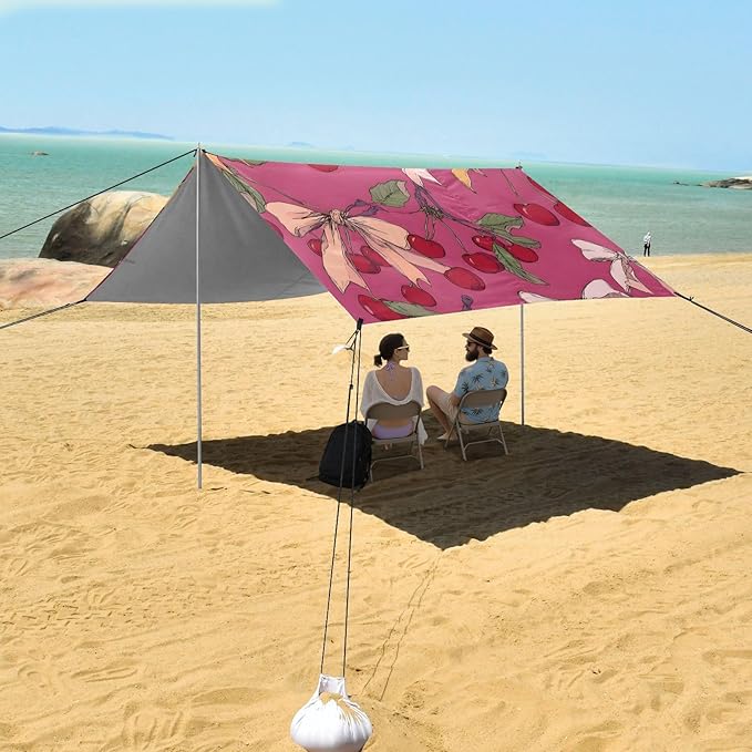 ALAZA Cherry Pink White Yellow Bow Pattern Beach Tent Sun Shelter Portable Canopy Sunshade for Outdoor Camping Picnics Backyard Fun 10x9 ft