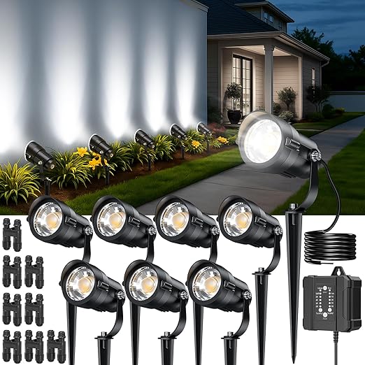 HIBOITEC Low Voltage Landscape Lighting 1200LM 12W with Connectors 100W Transformer Photocell Sensor and Timer Spotlights Landscape Lights Kit IP65 Waterproof 5000K for House Yard Trees Garden 8 Packs