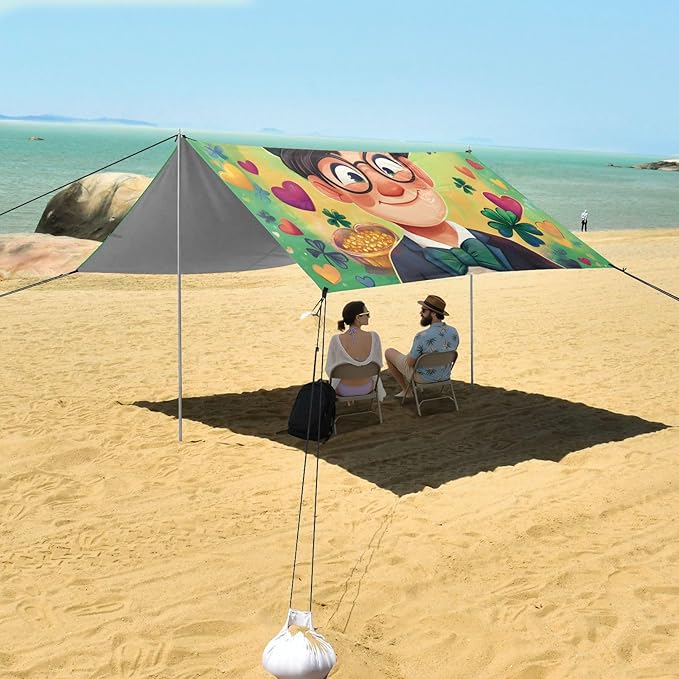 xigua St. Patrick's Day Beach Tent Sun Shelter with Carrying Bag - Silver Coated Oxford Fabric Beach Canopy for Beach Camping Fishing - Includes Windproof Ropes Sandbags &amp Stakes