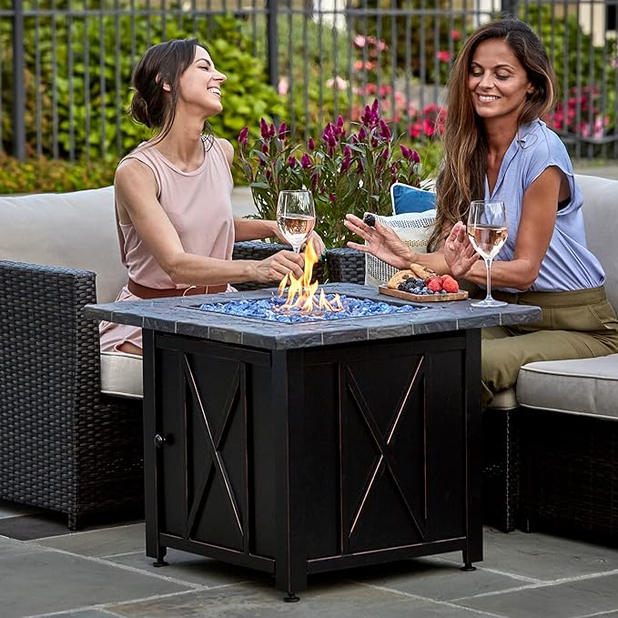 Endless Summer 30 Inch Square 30000 BTU Liquid Propane Gas Outdoor Fire Pit Table w/Push Button Ignition Blue Fire Glass &amp Steel Fire Bowl Bronze