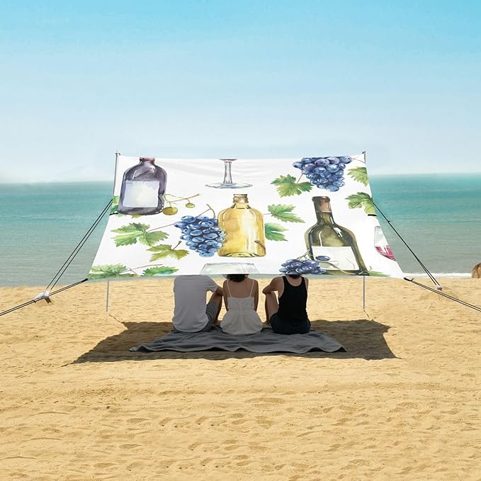 ALAZA Watercolor Bottles Glasses of Red and White Wines Grapes Beach Tent Sun Shelter Portable Canopy Sunshade for Outdoor Camping Picnics Backyard Fun 10x9 ft