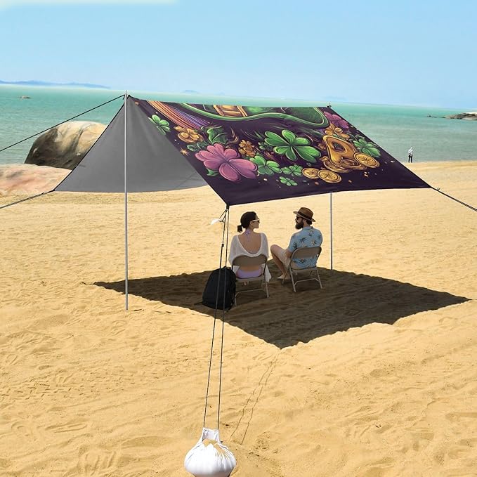 ALAZA Happy St. Patrick's Day with Leprechaun Hat Clover Leaves Rainbow Beach Tent Sun Shelter Portable Canopy Sunshade for Outdoor Camping Picnics Backyard Fun 10x9 ft
