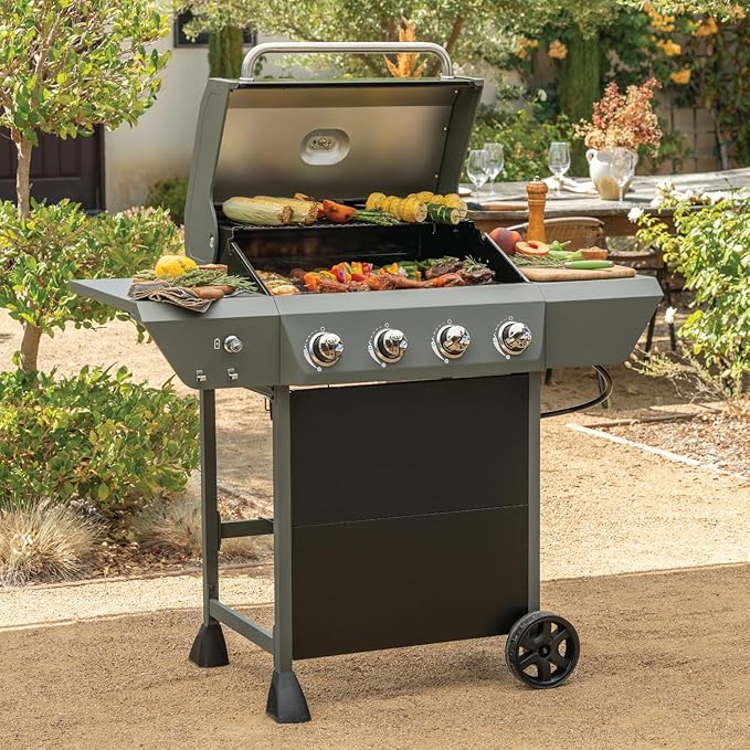 Megamaster 4-Burner Propane Gas Grill with Side Tables 44000BTUs 566.92 SQ. In. Cooking Space 2 Wheel Transport Outdoor Kitchen Grill for BBQs Backyards Tailgating and More - 720-1093B
