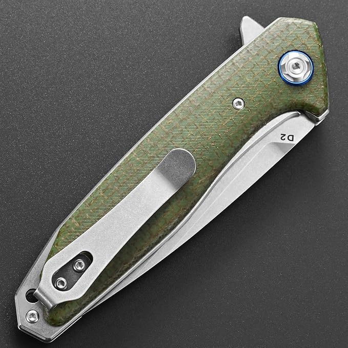 Eafengrow EF972 Folding Knife D2 Steel Blade Micarta Handle Pocket Knife Folder for Outdoor Camping Hiking Working EDC Tool Knife(army green)