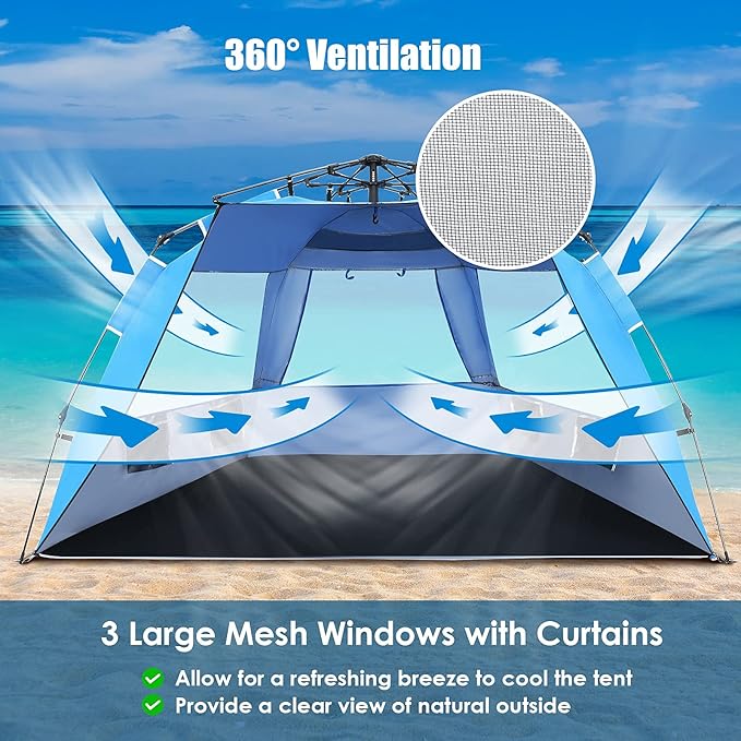 Tangkula 3-4 Person Easy Pop Up Beach Tent UPF 50+ Portable Sun Shelter w/ 3 Ventilation Windows Zippered Front Porch 4 Storage Pockets &amp Carrying Bag Instant Beach Sun Shade with 8.5mm Rod