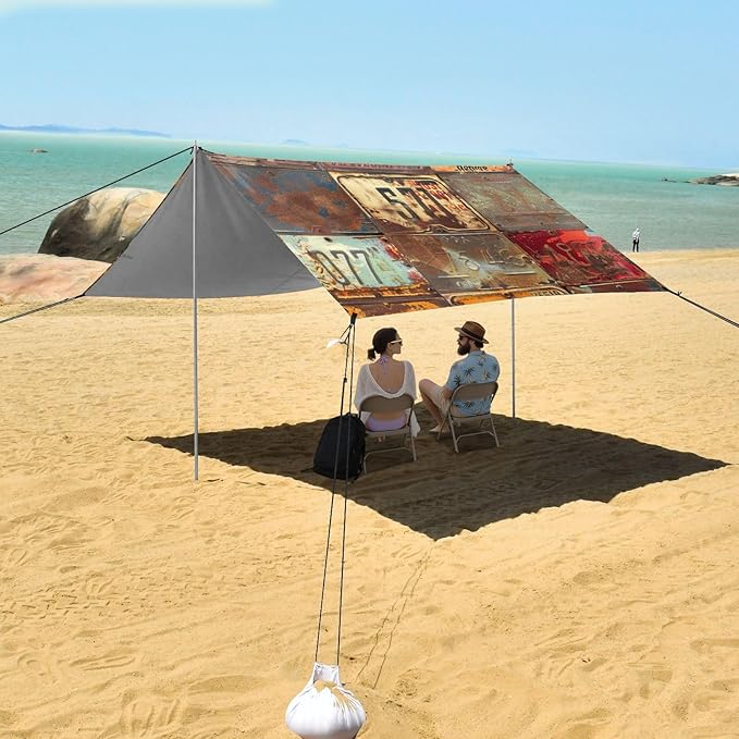 ALAZA Rusty License Plates Beach Tent Sun Shelter Portable Canopy Sunshade for Outdoor Camping Picnics Backyard Fun 10x9 ft