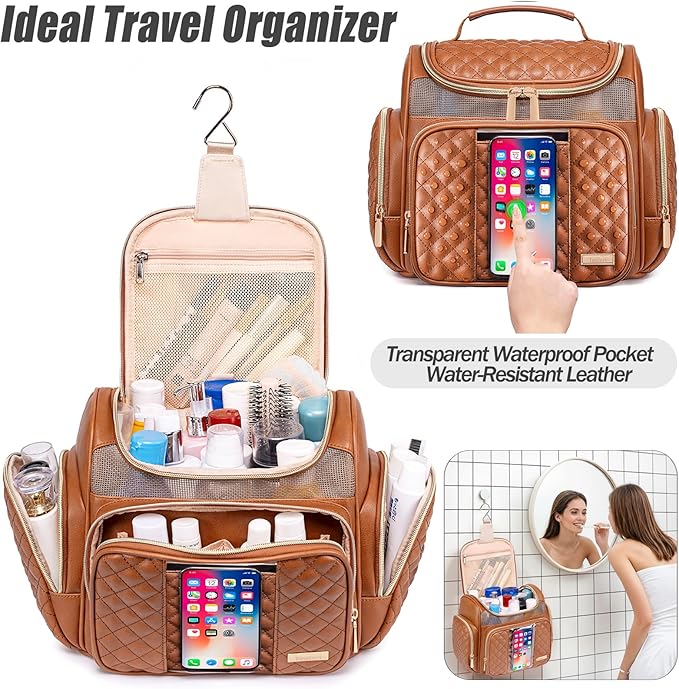 Large Leather Toiletry Bag for Women MenBathroom BagWater Resistant Shower BagMakeup BagPortable Shower Caddy for College DormHanging Travel Toiletry Bag with Transparent Waterproof Phone Pocket