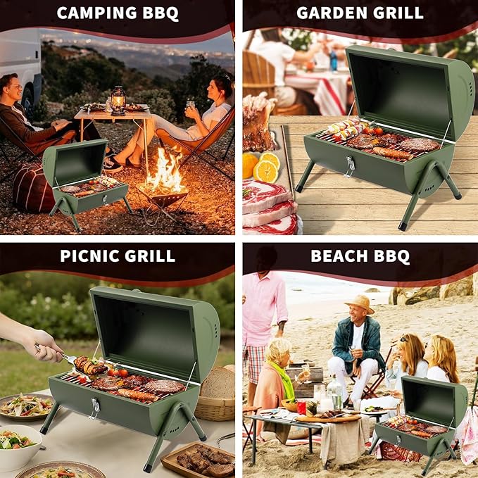 Portable Charcoal Grill Tabletop Outdoor Barbecue Smoker Small BBQ Grill for Outdoor Cooking Backyard Camping Picnics Beach by DNKMOR GREEN