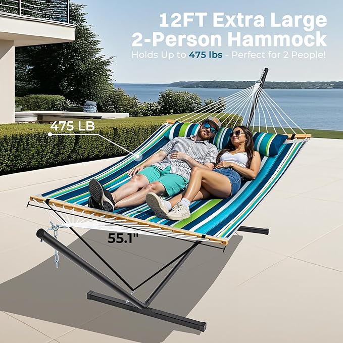 SUPERJARE Hammock with Stand 2 Person Quilted Outdoor Hammock Detachable Pillow &amp Bamboo Spreaders Portable Hammock with Carrying Bag Heavy Duty Stand Perfect for Outside Patio Dark Cyan