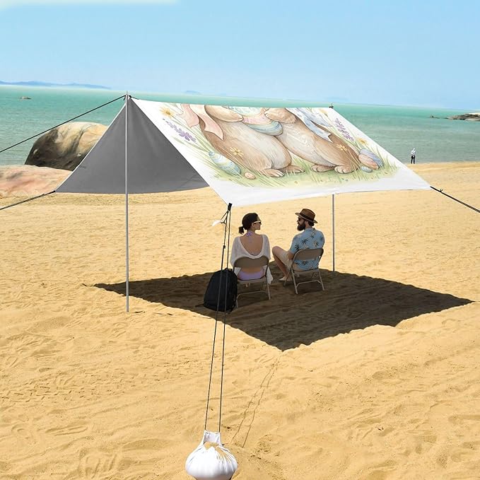Easter Bunny Beach Canopy Sun Shelter with Sandbags &amp Sand Shovel &amp Windproof Ropes - Portable 110x126 Beach Shade Beach Tent for Camping Picnics