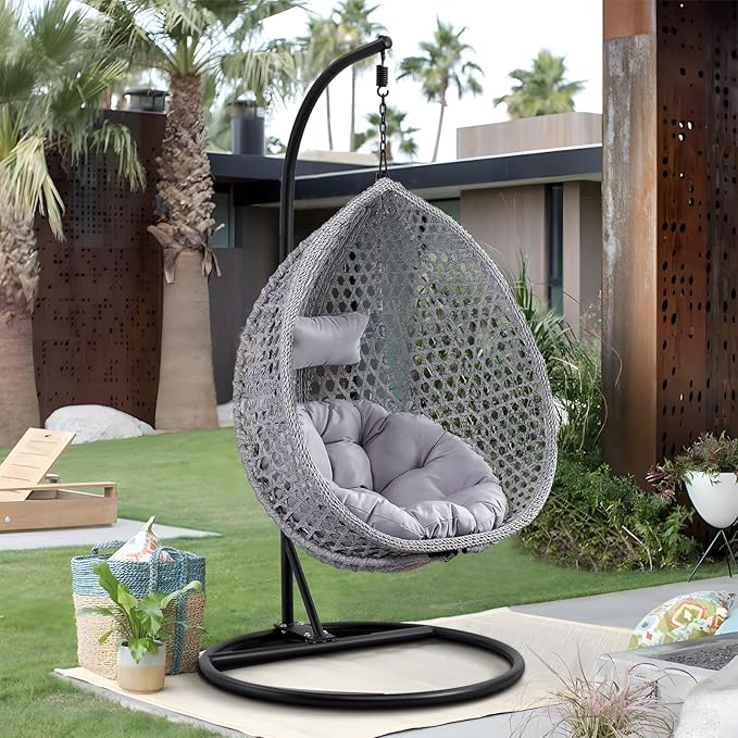 Hanging Egg Swing Chair with Stand Rattan Wicker Hanging Egg Chair Hammock Indoor with Cushions Swinging Chair for Bedroom Outdoor Patio Balcony Backyard Sunroom Heavy Duty 350LBS (Gray)
