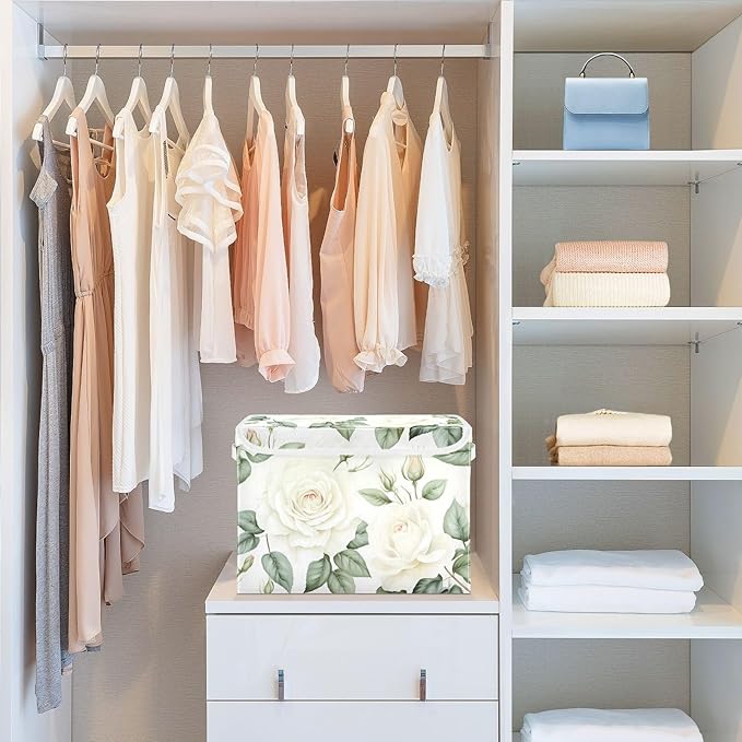 Flower Baskets Collapsible Storage Bins with Lids White Rose Flower Storage Boxes Clothes Baskets for Organizing