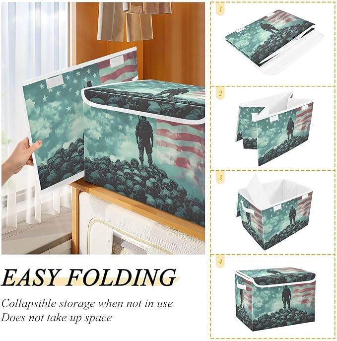 AIXIWAWA Lidded Storage Cube (Skulls Soldier American) Fabric Foldable Closet Bins with Flip Lid and Handles Organizer Basket Container 16.5 x 12.6 x 11.8 IN
