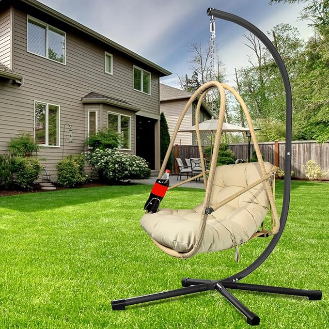 Swing Egg Chair with Stand Indoor Outdoor Wicker Rattan Patio Basket Hanging Chair with C Type Bracket with Cushion and PillowPatio Wicker Folding Hanging Chair(Special Construction Cup Holder