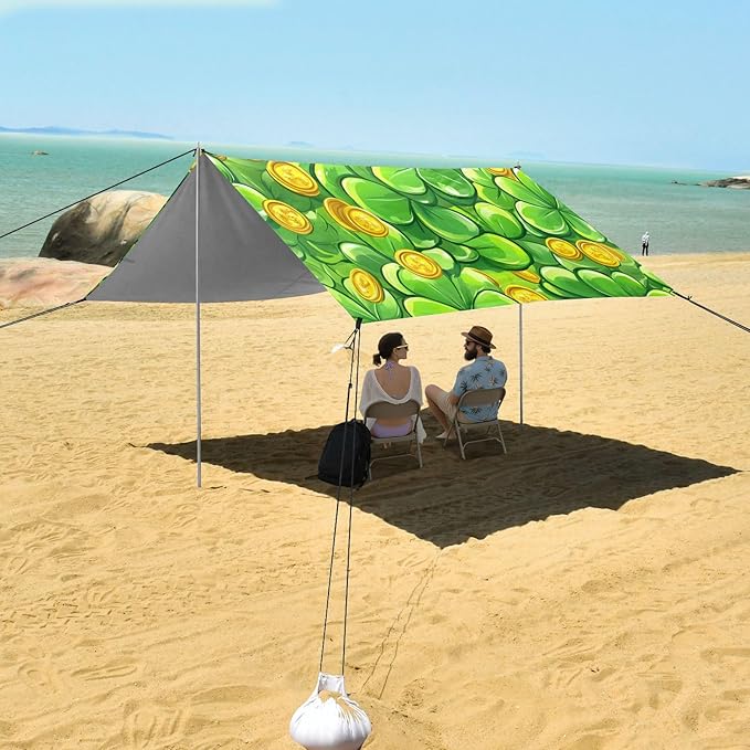 xigua St. Patrick's Day Clover Beach Tent Sun Shelter with Carrying Bag - Silver Coated Oxford Fabric Beach Canopy for Beach Camping Fishing - Includes Windproof Ropes Sandbags &amp Stakes