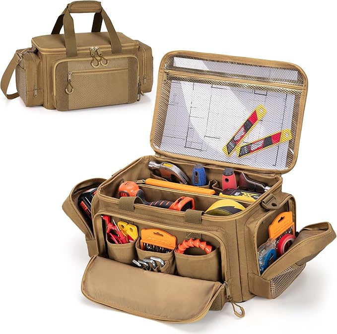 Tactical Tool Bag with Anti-friction Bottom Hand Tool Tote Storage Organizer for Men Small Range Bag for Electricians Carpenters Mechanics and Repairman Khaki