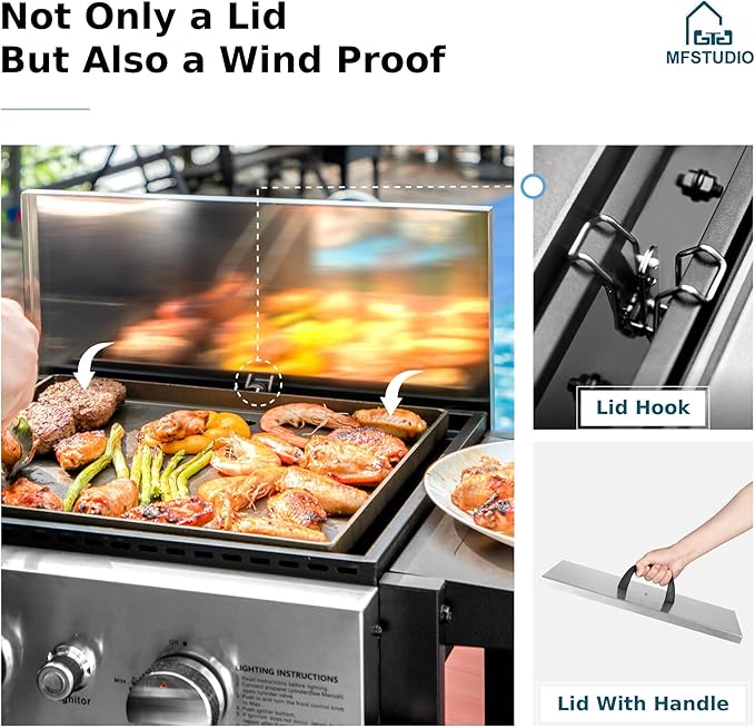MFSTUDIO 2-Burner Propane Gas BBQ Grill with Cast Iron Griddle Pan 20000 BTU Output Small Barbecue Grill for Outdoor Patio Backyard and Balcony