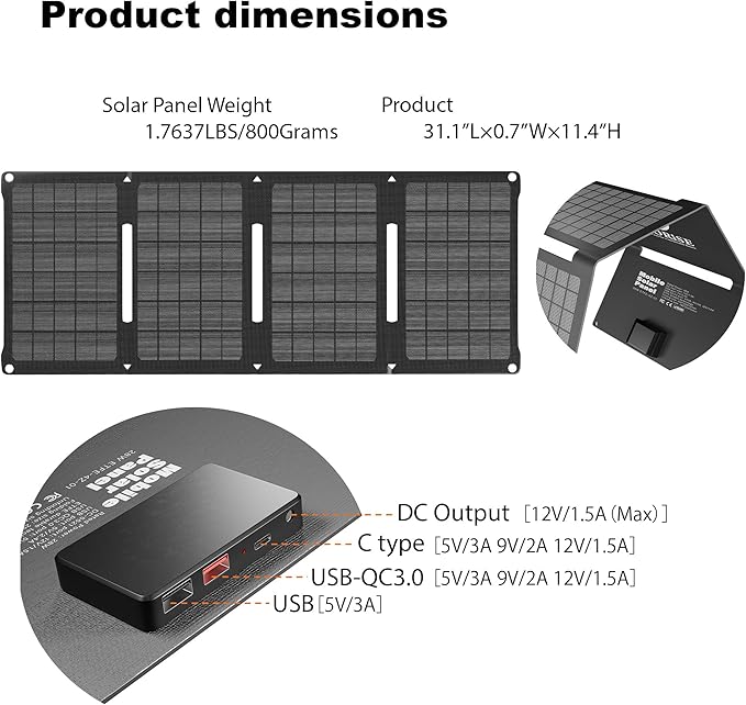 4-Panel Foldable Solar Charger 28W High-Efficiency USB-C &amp USB-A Fast Charging Lightweight Compact Ideal for iPhone Android Camping Backpacking Emergency Eco-Friendly