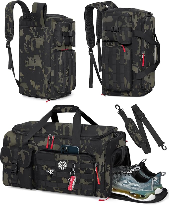 RAINSMORE Gym Bag for Men 45L Sports Travel Duffel Bag with Shoe &amp Laptop Compartment Gym Workout Backpack Carry On Weekender Bag Overnight Backpack for Travel Green Camo