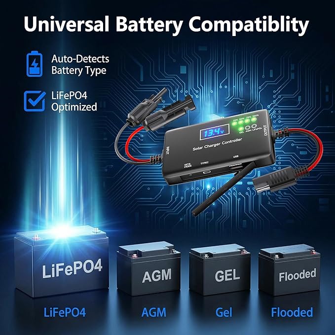 12V 20A PWM Solar Charge Controller with Type-C/USB Output Compatible with LiFePO4/AGM/Gel Batteries Zero Drain Tech Overload &amp Overheating Protection for Solar Power System