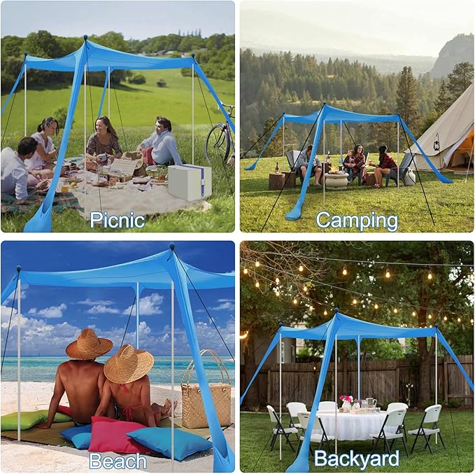Beach Tent Sun Shelter with UPF 50+ UV Protection Beach Canopy Sun Shade 11x11 FT with Sandbags Poles and Ground Pegs and Anti-Wind Ropes Pop Up Tent for Camping Backyard and Picnics