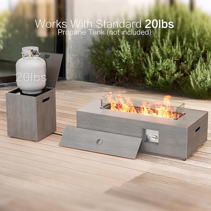 42 Outdoor Fire Pit Table 50000 BTU Gas Fire Pit with Glass Wind Guard Fire Stones Waterproof Cover Propane Fire Pit Table for Outside Patio (Brown)
