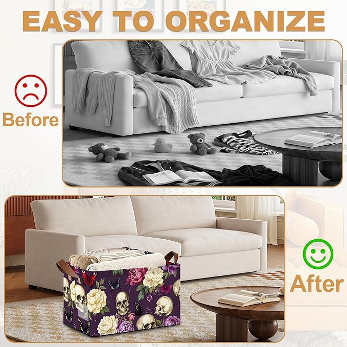 Purple Flower Skeleton Storage Bins with Handles Collapsible Storage for Clothes Gift Basket Blankets &amp Closet Organization