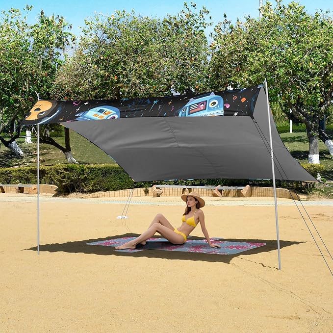 ALAZA Dog Spaceship Astronaut Beach Tent Sun Shelter UPF50+ Protection Beach Shade Canopy w/ 4 Sandbags for Outdoor Camping Fishing Backyard Fun Picnic 10x9 ft