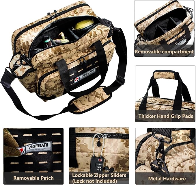 Tactical Pistol Range Bag for 3 Handguns Gun Range Bag with 6 Magazine Slots Lockable Zippers Ammo Storage MOLLE Handgun Case for Shooting Range Accessories