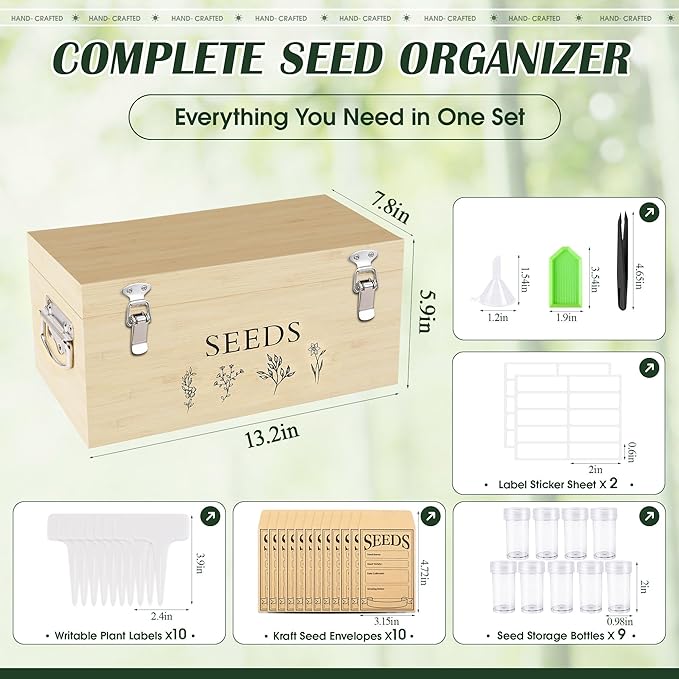 Bamboo Seed Storage Organizer Large Garden Seed Organizer with Lid &amp Safety Lock &amp Handles Seed Box Storage Organizer Includes Seed Envelopes and Labels etc Great Gifts Gardening Kit (Wood)