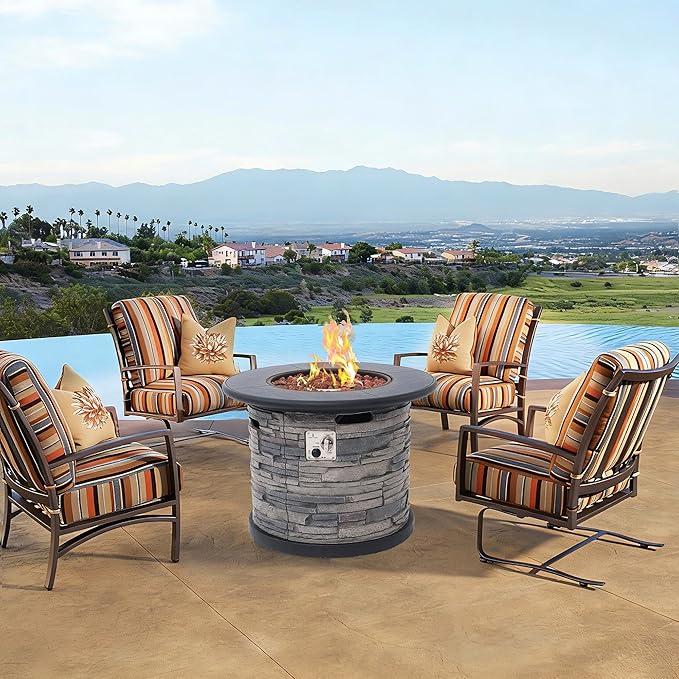 32-Inch Outdoor Porcelain Tile Propane Fire Table with Natural Gas Conversion Kit 50000 BTU Gas Fire Pit Table Concrete Composite Base with Faux Stacked Stone Texture Lid Lava Rocks Cover
