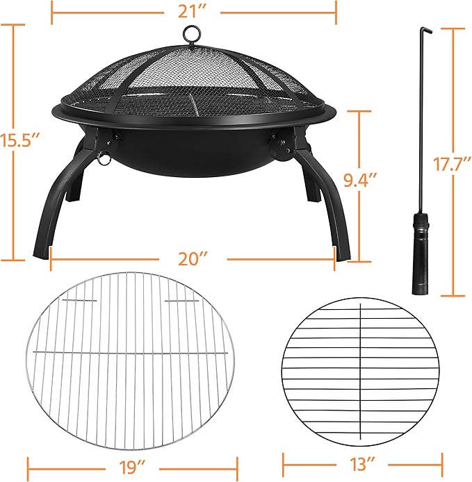 Yaheetech Fire Pit 22in Folding Firepits BBQ Fireplace with Steel Grill Cooking Grate and Poker for Outdoor Camping &amp Bonfire