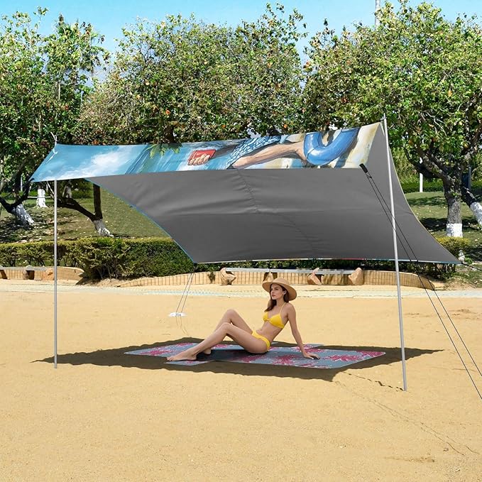 ALAZA Three Gnomes Beach Summer Beach Tent Sun Shelter UPF50+ Protection Beach Shade Canopy w/ 4 Sandbags for Outdoor Camping Fishing Backyard Fun Picnic 10x9 ft