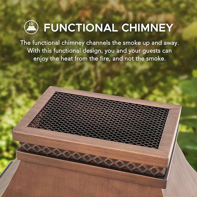 Sunjoy Outdoor Fireplace Stone Look Tile Patio Wood Burning Steel Fireplace with Chimney Spark Screen Fire Poker Rain Cover and Removable Grate Copper with Gray Tile
