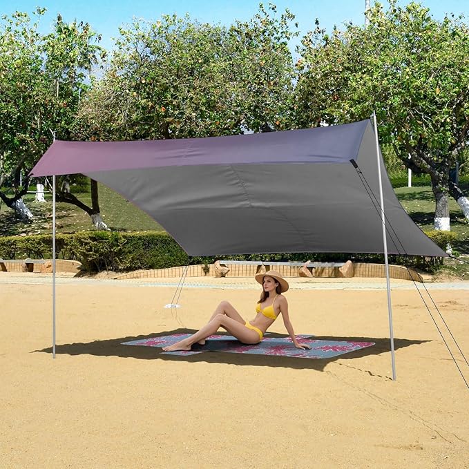 Blue Pink Gradient Stable Beach Tent UPF50 Easy Setup Large Sun Shelter with Carrying Bag for Camping Fishing Backyard Fun