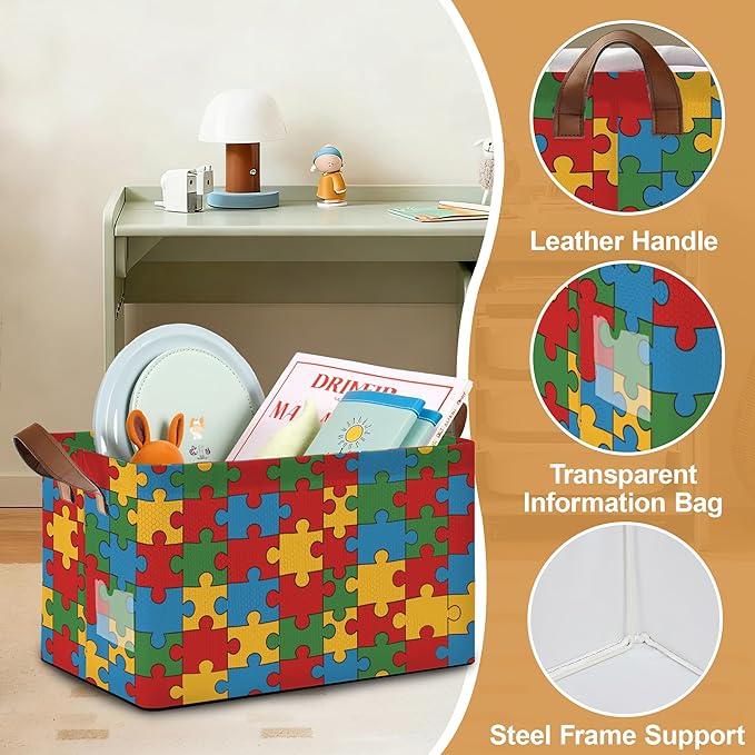 Jigsaw Storage Bins with Handles Collapsible Storage for Clothes Gift Basket Blankets &amp Closet Organization