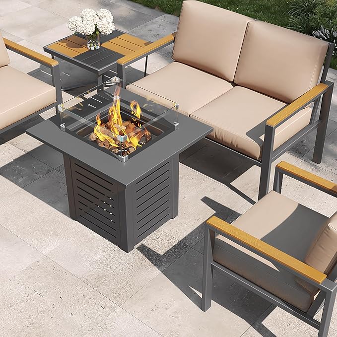 28'' Propane Fire Pit Table 50000 BTU Steel Gas Firepit for Outdoor Patio Deck and Garden CSA Certified Fire Pit with Lid Waterproof Cover Glass Wind Guard and Lava Rock Black