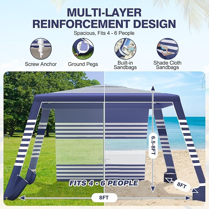 Beach Tent8'×8' Large Beach Canopy for 4-6 PeopleEasy Setup Beach Sun Shelter with UPF 50+ ProtectionAdjustable Height &amp Wind Resistant Beach Cabana for FamilyParty (Navy Blue-Stripes)