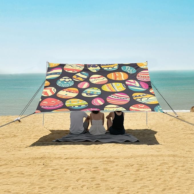 ALAZA Colorful Easter Egg Happy Easter on Black Beach Tent Sun Shelter Portable Canopy Sunshade for Outdoor Camping Picnics Backyard Fun 10x9 ft
