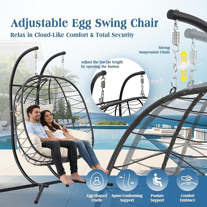 Double Egg Chair with Stand Foldable 2 Person Hanging Swing Chair with Cushion Wicker Rattan Hammock Swing Chair Indoor Outdoor Loveseat 650 LBS Capacity for Patio Bedroom Balcony Garden