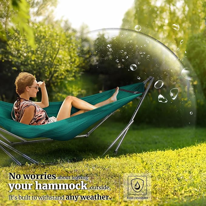 Tranquillo Adjustable Collapsible Hammock with Stand – Picnic Hammock Stand and 2 Layered Polyester Hammock Net for 2 Persons with Carry Bag Peacock